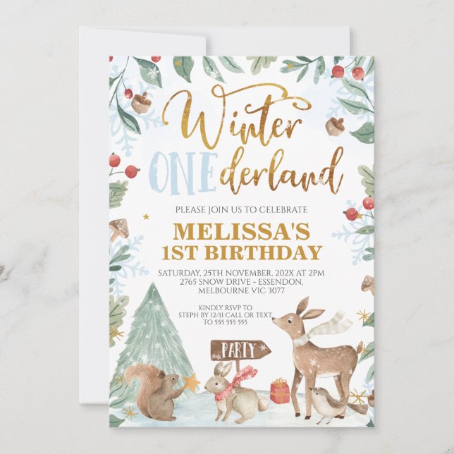 Invitation Hiver Onederland Bois Animaux Anniversaire (Devant)
