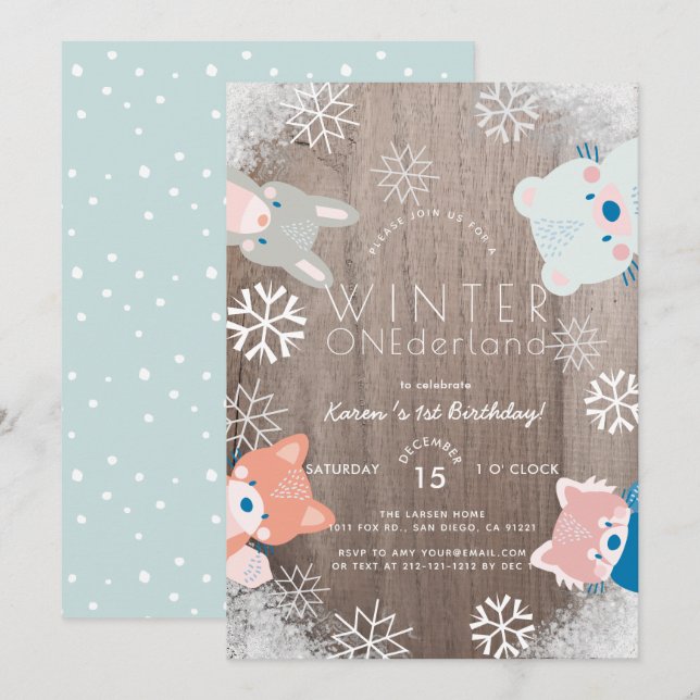 Invitation Hiver Onederland Bois Animaux Bleus Anniversaire (Devant / Derrière)