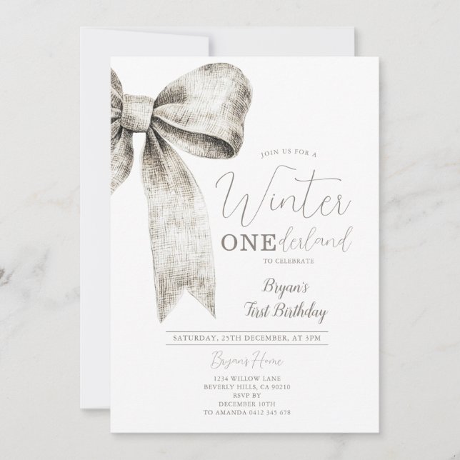 Invitation Hiver Onederland Bow Argent cravate 1er anniversai (Devant)