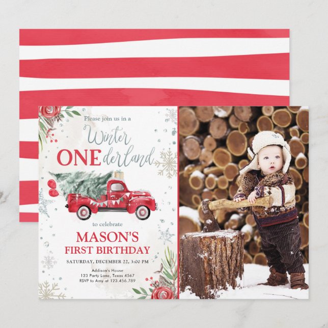 Invitation Hiver Onederland Camion Rouge Garçon Premier anniv (Devant / Derrière)