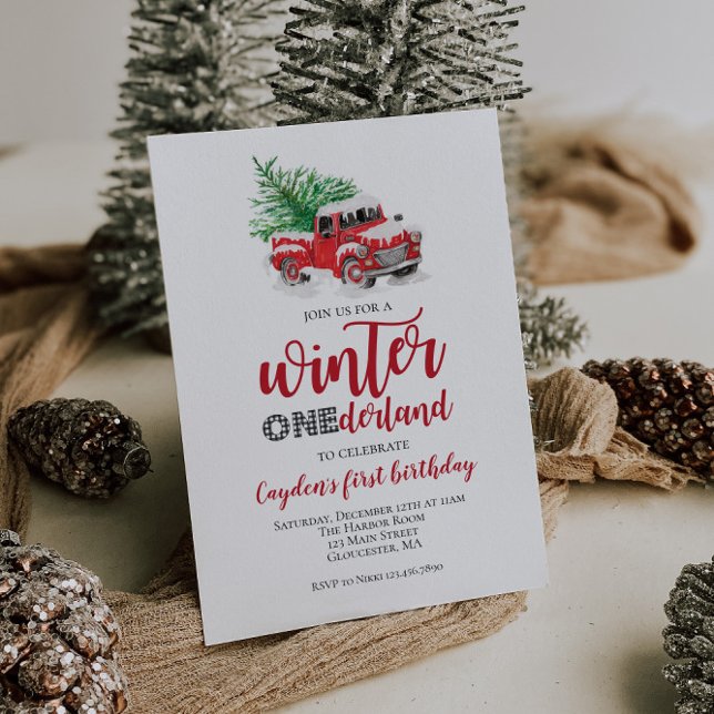 Invitation Hiver Onederland Camion rouge Premier anniversaire (Créateur téléchargé)