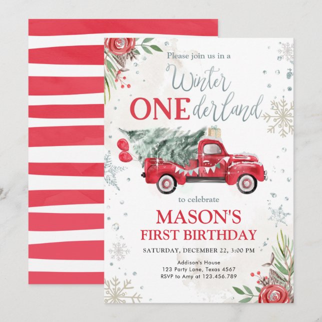 Invitation Hiver Onederland Camion rouge Premier anniversaire (Devant / Derrière)