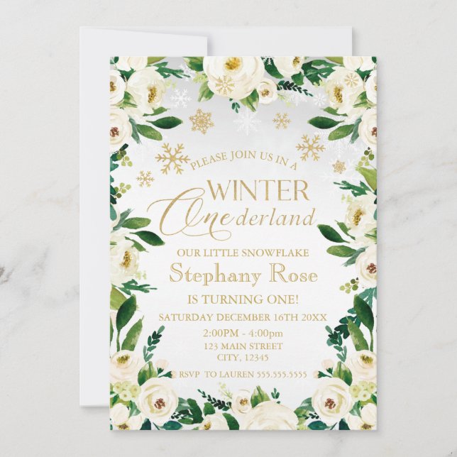 Invitation Hiver Onederland Fleurs Blanches flocons de neige (Devant)