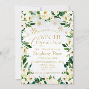 Invitation Hiver Onederland Fleurs Blanches flocons de neige