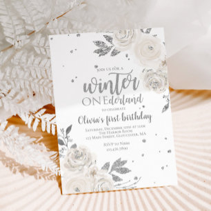 Invitation Hiver Onederland Fleurs Pailletées Argentées