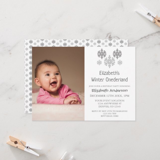 Invitation Hiver Onederland Flocon de neige 1er anniversaire (Devant/Arrière en situation)