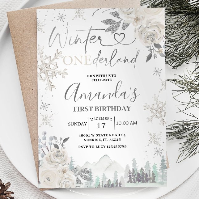 Invitation Hiver Onederland Flocon de neige blanc Floral Anni (Créateur téléchargé)
