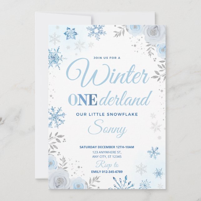 Invitation Hiver ONEderland Flocon de Neige Bleu 1ère Invitat (Devant)