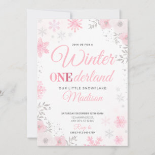 Invitation Hiver ONEderland Flocon de neige rose 1ère Invitat