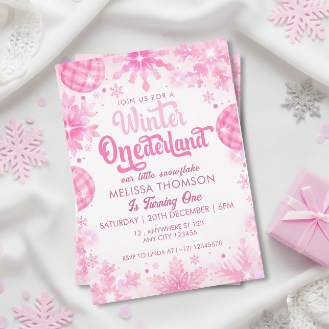 Invitation Hiver Onederland Flocon de neige rose Premier anni (Créateur téléchargé)