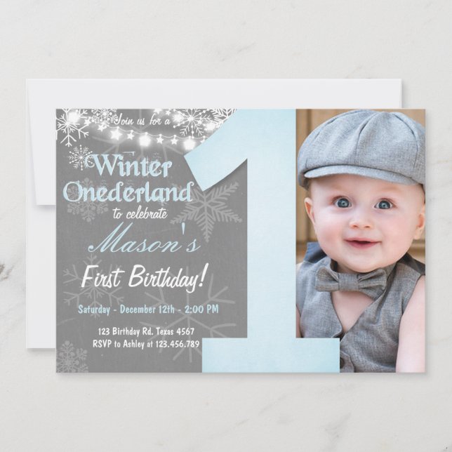 Invitation Hiver Onederland Garçon Grey Feu de neige Annivers (Devant)