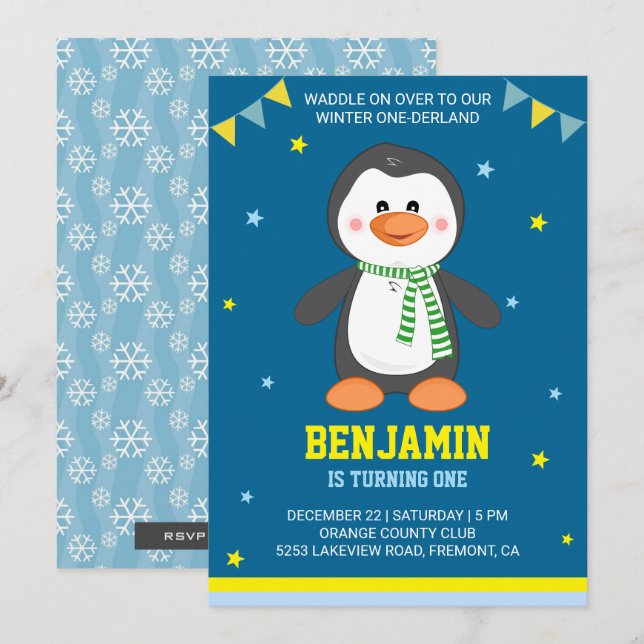 Invitation Hiver Onederland mignon Penguin 1er anniversaire I (Devant / Derrière)