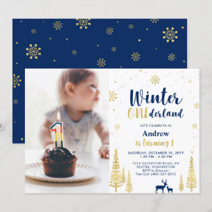 Invitation Hiver Onederland, Or et Garçon Navy 1er Anniversai