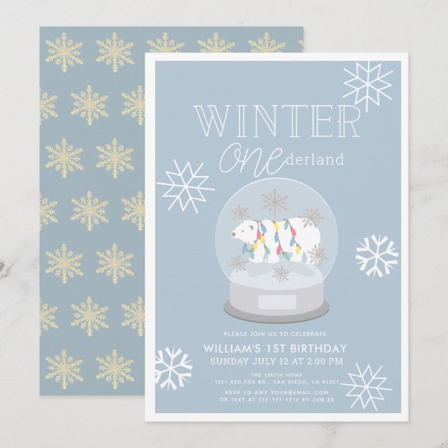 Invitation Hiver Onederland Ours Polaire Bleu 1er anniversair (Devant / Derrière)