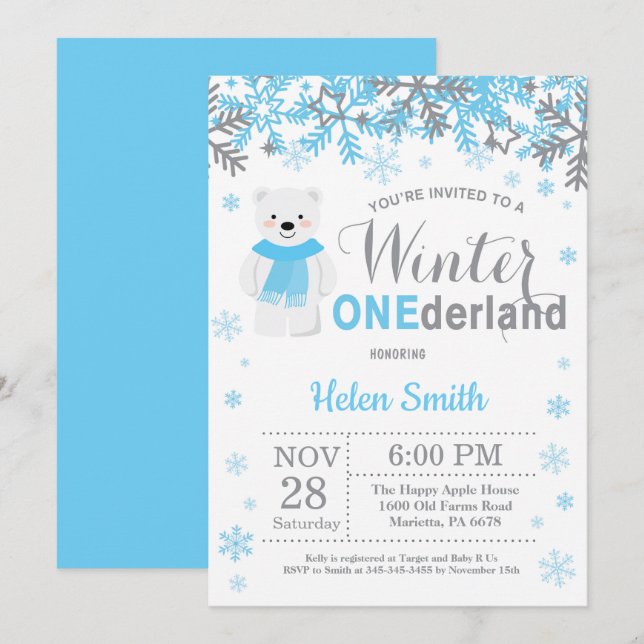 Invitation Hiver Onederland Ours Polaire Garçon 1er anniversa (Devant / Derrière)