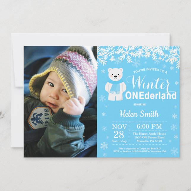 Invitation Hiver Onederland Ours Polaire Garçon 1er anniversa (Devant)