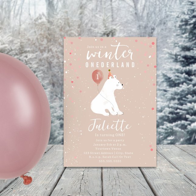 Invitation Hiver Onederland Ours Polaire Rose 1er Anniversair (Créateur téléchargé)