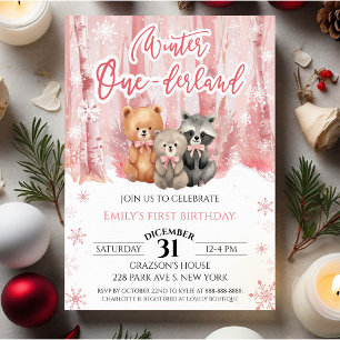 Invitation Hiver Onederland Ours Rose Premier Anniversaire