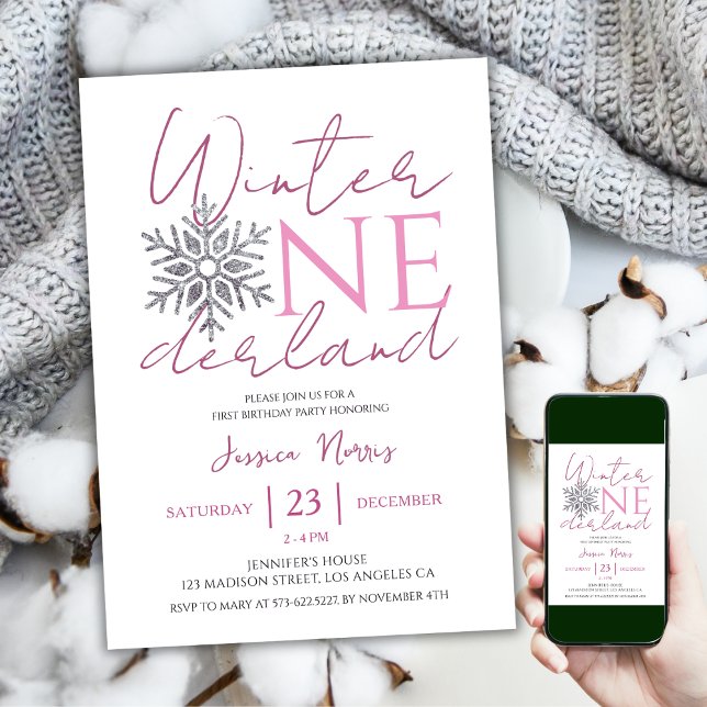 Invitation Hiver ONEderland | Petite fille minimaliste 1er an (Créateur téléchargé)