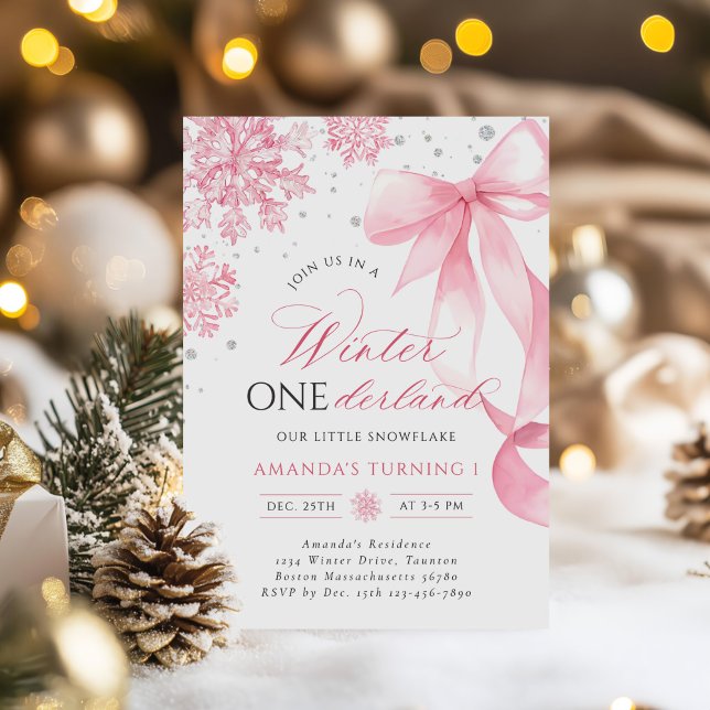 Invitation Hiver Onederland Pink Bow Snowflake Anniversaire (Créateur téléchargé)