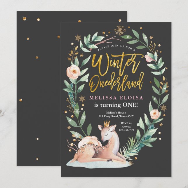 Invitation Hiver ONEderland Pink Gold Boodland Deer Anniversa (Devant / Derrière)