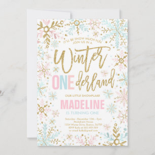 Invitation Hiver ONEderland Pink Gold Snowflake 1er anniversa