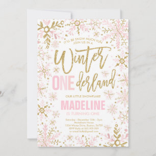 Invitation Hiver ONEderland Pink Gold Snowflake 1er anniversa
