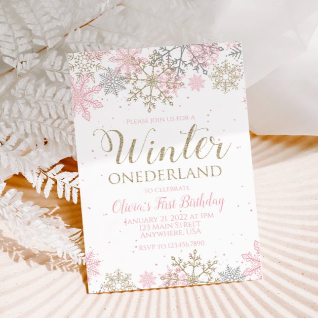 Invitation Hiver Onederland Premier anniversaire flocon rose (Créateur téléchargé)