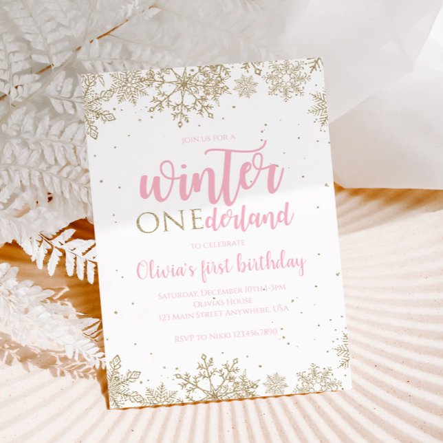 Invitation Hiver Onederland Premier anniversaire Gold Snowfla (Créateur téléchargé)