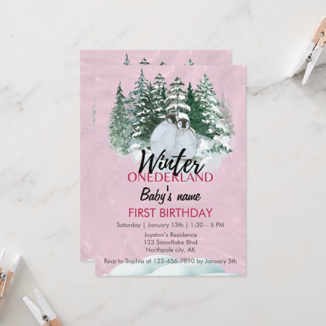Invitation Hiver Onederland Premier Anniversaire Pingouin ros (Devant/Arrière en situation)