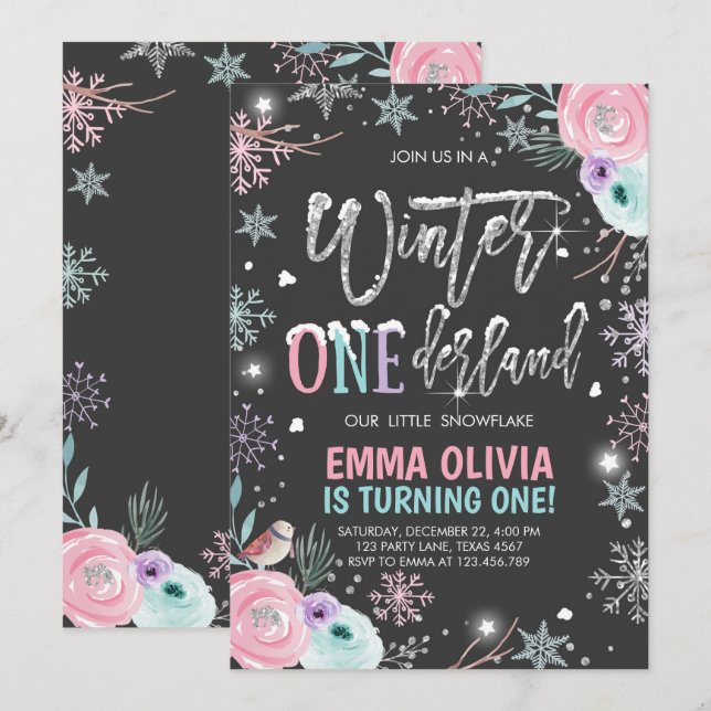 Invitation Hiver ONEderland rose argent noir premier annivers (Devant / Derrière)