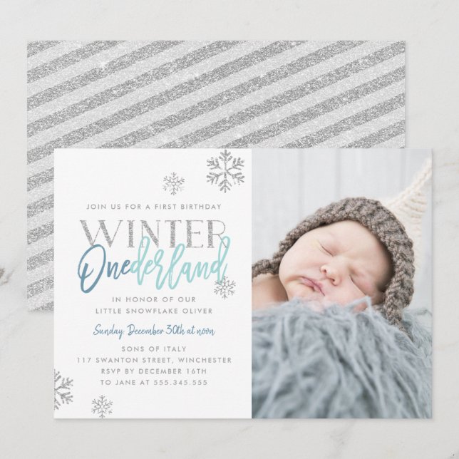 Invitation Hiver ONEderland Silver Blue 1st Birthday Photo (Devant / Derrière)
