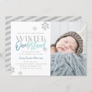 Invitation Hiver ONEderland Silver Blue 1st Birthday Photo