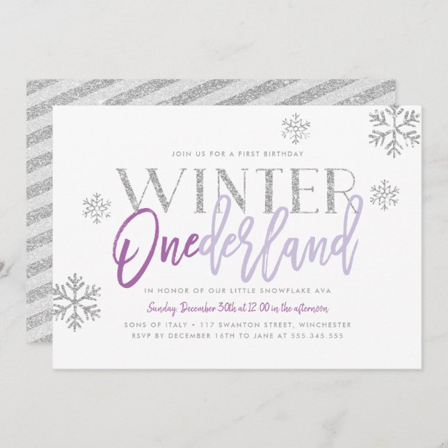 Invitation Hiver ONEderland Silver Glitz Purple 1er anniversa (Devant / Derrière)