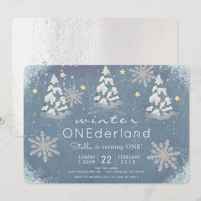 Invitation Hiver Onederland Silver Snowflake 1er anniversaire (Devant / Derrière)