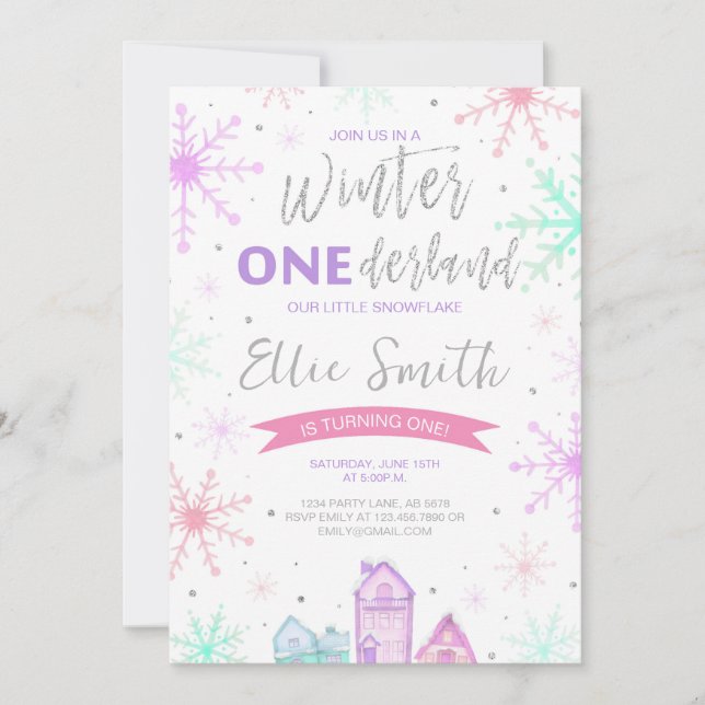 Invitation Hiver Onederland violet, bleu et rose (Devant)