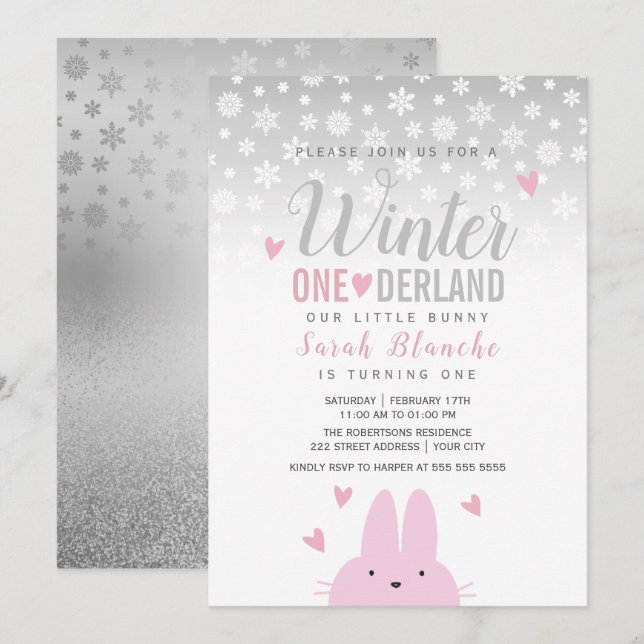 Invitation Hiver Oneederland Argent Rose 1er Anniversaire (Devant / Derrière)