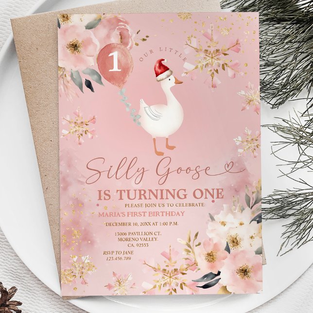 Invitation Hiver Or rose Floral Silly Goose 1er Anniversaire (Créateur téléchargé)