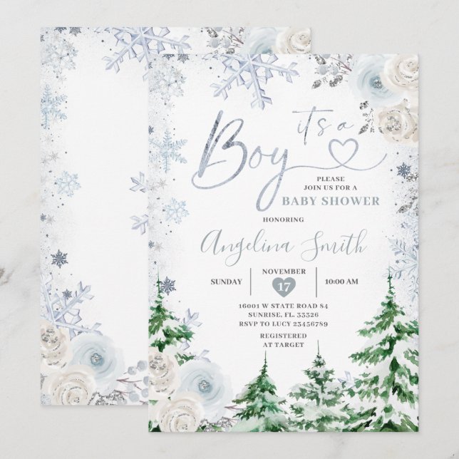 Invitation Hiver Pastel Blue Snowflake Baby shower Floral (Devant / Derrière)