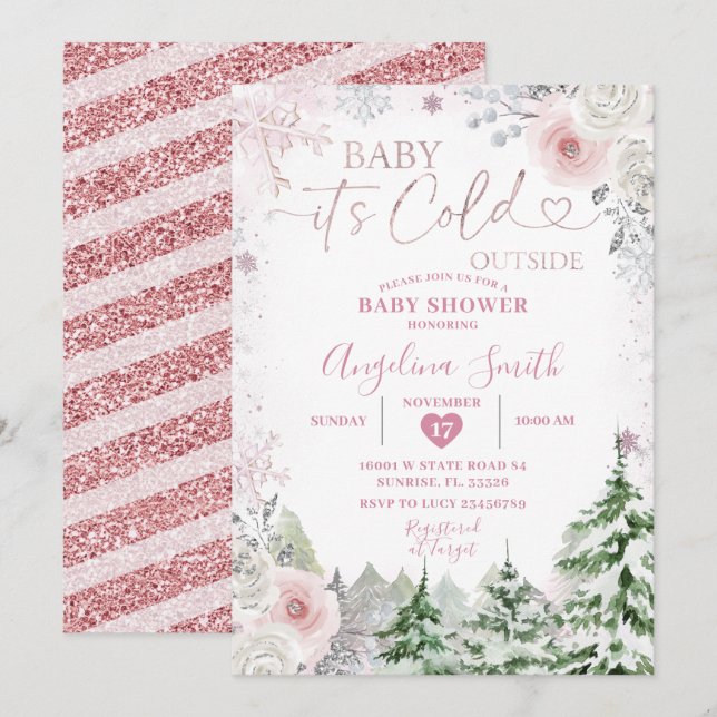 Invitation Hiver Pastel Pink Snowflake Baby shower Floral (Devant / Derrière)