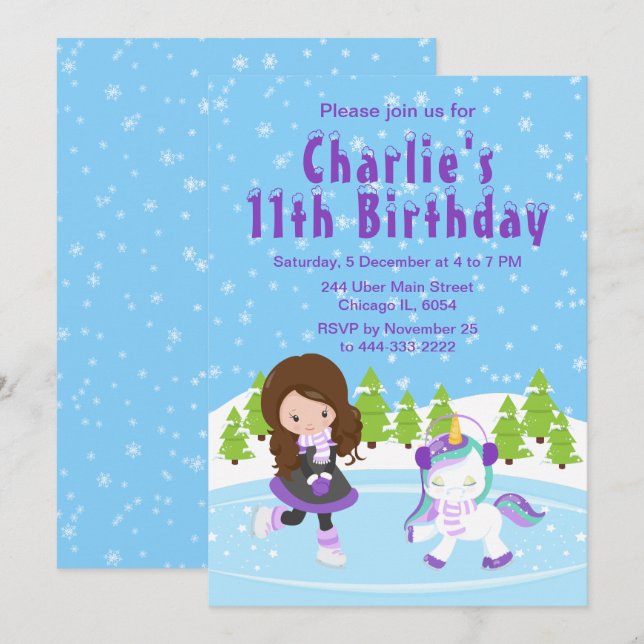Invitation Hiver Patinage sur glace Anniversaire Brown Coiffe (Devant / Derrière)