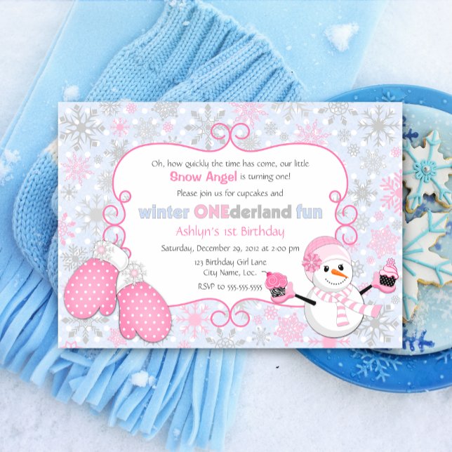 Invitation Hiver personnalisé Un derland 1er anniversaire (Winter one-derland birthday party invitation for first birthday party, front view.)