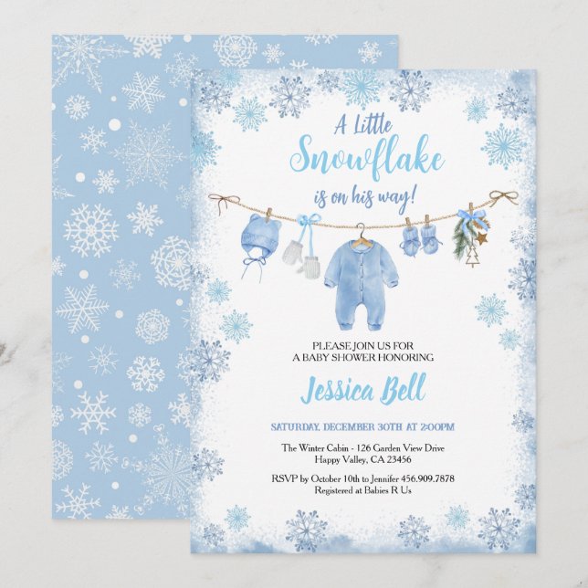 Invitation Hiver Petit Baby shower Flocon de neige Garçon ble (Devant / Derrière)