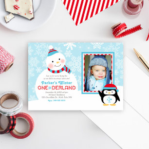 Invitation Hiver Photo Manchot Bonhomme de neige ONEderland
