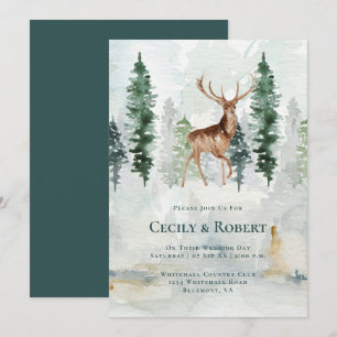 Invitation Hiver Pine Tree Forest Deer Antlers Mariage