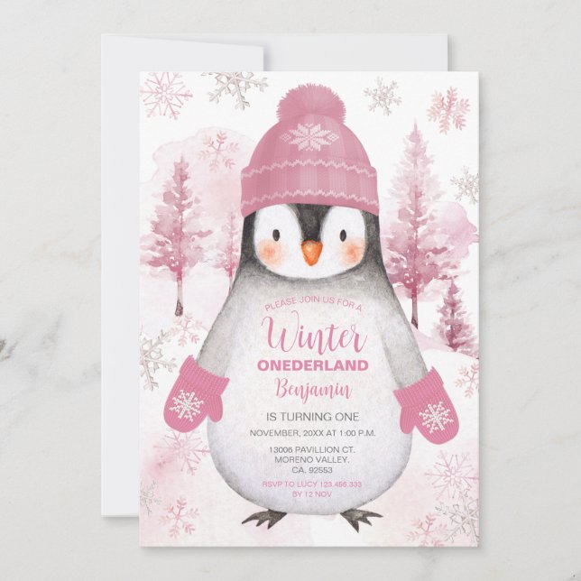Invitation Hiver Pingouin tricoté Casquette Snowflakes Annive (Devant)