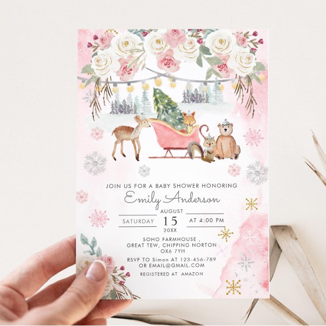 Invitation Hiver Pink Woodland Animaux Fille Baby shower (Créateur téléchargé)