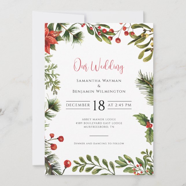 Invitation Hiver Poinsettia Verdure Mariage floral (Devant)