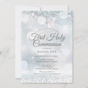Invitation Hiver Première Communion Sainte Argent Confetti In