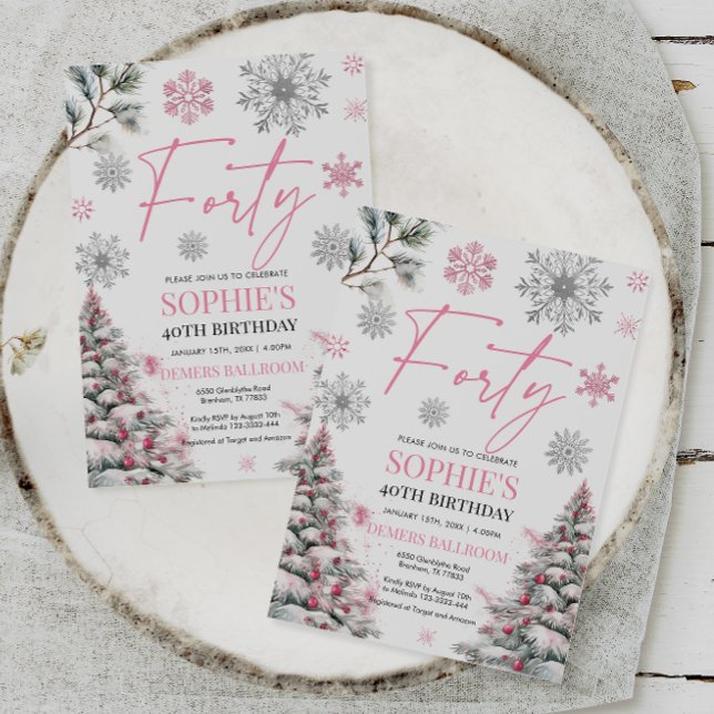 Invitation Hiver Quarante Anniversaire Invitation, rose et ar (Créateur téléchargé)